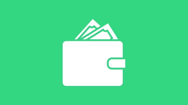 Portefeuille blanc avec piles argent papier icône de trésorerie isolé sur fond vert. Icône de sac. Symbole d'épargne. Animation graphique de mouvement vidéo 4K - Séquence, vidéo
