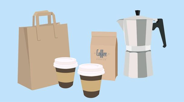 Vector Isolado Ilustração de um Café Take Away Set, com duas xícaras de papel de café, uma cafeteira, um pacote de café e um saco de papel - Vetor, Imagem