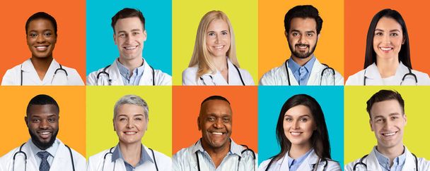 Portraits de médecins multiethniques qui réussissent sur différents milieux colorés, Collage - Photo, image