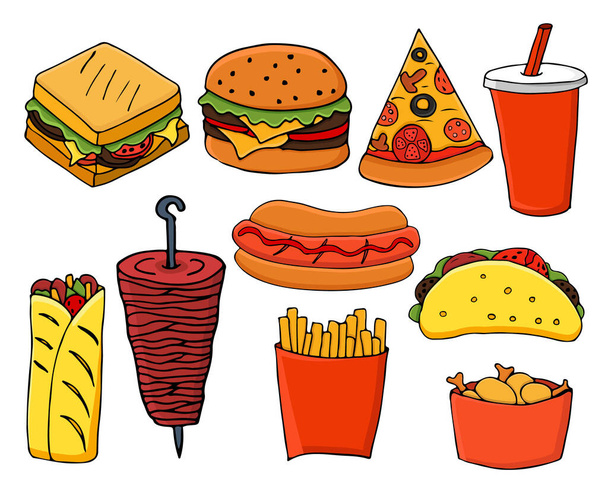 Kleurrijke fast food doodle illustratie set. Kleurrijke platte fast food illustraties in vector. Kleurrijke fast food pictogrammen collectie in vector - Vector, afbeelding
