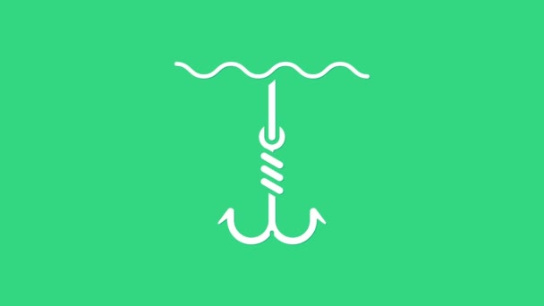 Fehér Horgász horog alatt víz ikon elszigetelt zöld alapon. Halászfelszerelés. 4K Videó mozgás grafikus animáció - Felvétel, videó