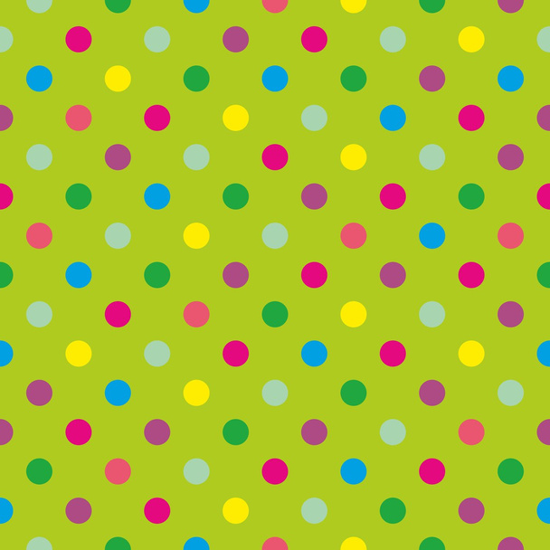 Бесшовный векторный рисунок или текстура плитки с красочными розовый, фиолетовый, синий, мята зеленый и желтый горошек точек на свежем зеленом фоне травы
 - Вектор,изображение