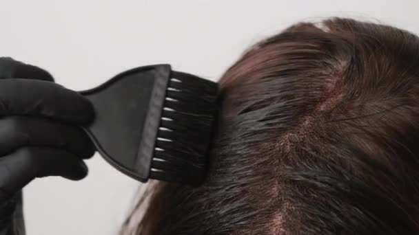 Frau färbt graue Haarwurzeln mit einem Pinsel. Tipps zum Haarfärben zu Hause - Filmmaterial, Video