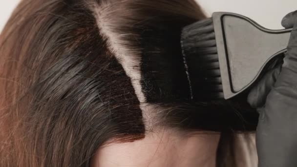 Kobieta kolorowanki siwych korzeni włosów za pomocą szczotki. Wskazówki dotyczące farbowania włosów w domu - Materiał filmowy, wideo