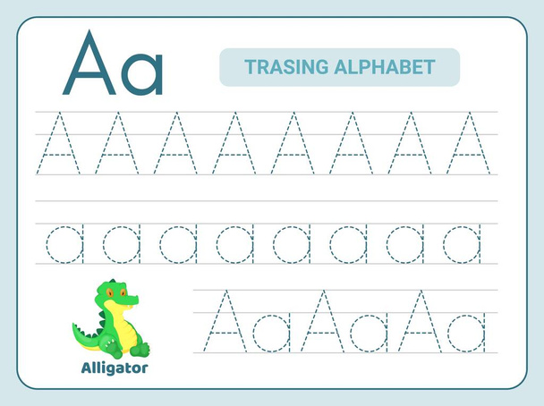 アルファベットのトレース練習文字Aトレース練習ワークシート.アルファベットのアクティビティページを学ぶ。印刷可能なテンプレート。大文字と小文字のABCトレース練習ワークシート。英語の手書きを学ぶ - ベクター画像