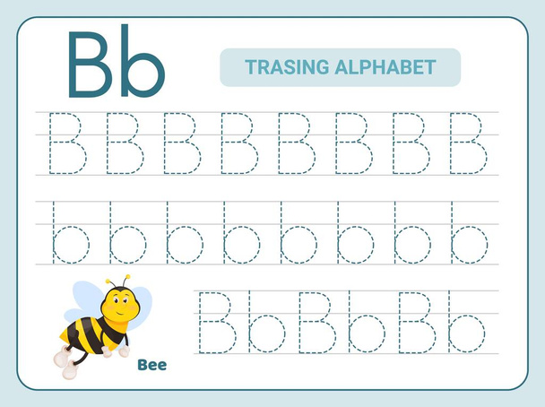 Práctica de rastreo del alfabeto Letra B. Hoja de trabajo de práctica de rastreo. Aprendiendo la página de actividad del alfabeto. Plantilla para imprimir. Hoja de trabajo de práctica de rastreo ABC en mayúsculas y minúsculas. Aprender escritura inglesa - Vector, Imagen