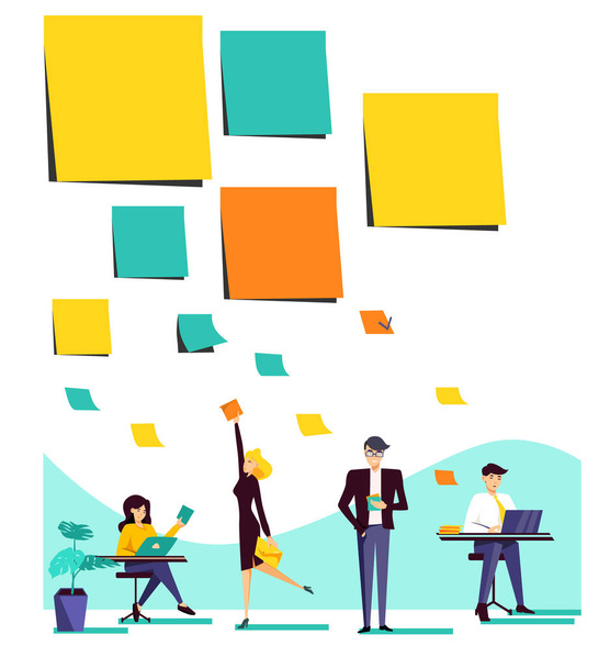 Los empleados de oficina desmontan pegatinas de colores para tareas de grandes a pequeñas. El concepto de compartir y delegar tareas. Ilustración vectorial. - Vector, Imagen