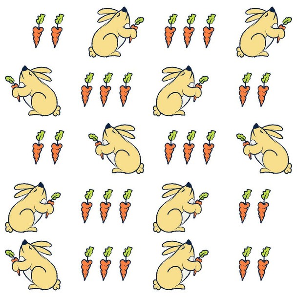 Illustratiepatroon schattig konijn met wortels en achtergrond voor fashion design en andere producten. - Vector, afbeelding