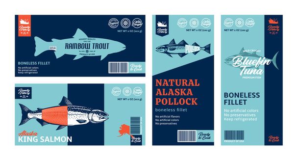Poisson vecteur étiquettes horizontales et verticales. Illustrations du saumon, de la truite, du thon et de la goberge de l'Alaska. étiquettes de fruits de mer de style moderne - Vecteur, image