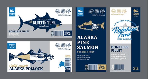 Vector fish étiquettes horizontales et verticales et concepts de conception d'emballage. Illustrations du saumon, de la truite, du thon et de la goberge de l'Alaska. étiquettes de fruits de mer de style plat - Vecteur, image