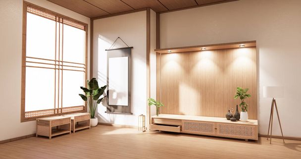 wooden cabinet in modern empty room and white wall on white floor room japanese style. 3d rendering - Foto, Bild