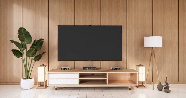 Τηλεόραση σε άδειο φόντο τοίχο και τοίχο ξύλινο ιαπωνικό σχέδιο στο σαλόνι zen style.3D απόδοση - Φωτογραφία, εικόνα