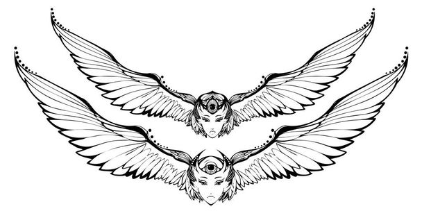 Pájaro blanco y negro, cara de mujer y tatuaje de alas grandes. Bosquejo para imprimir camiseta y arte del tatoo. Alquimia. Logo vectorial, ilustración ilimitada. - Vector, Imagen
