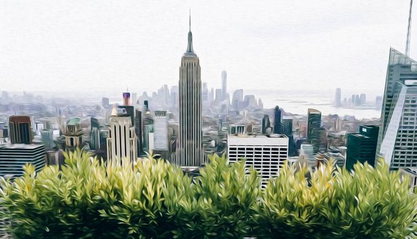 Groene bladeren op de achtergrond van New Yorkse wolkenkrabbers. Olieverf imitatie. 3D illustratie.  - Foto, afbeelding
