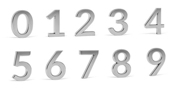 Серебряные цифры - трехмерные цифры на белом фоне - 3d рендеринг - Фото, изображение