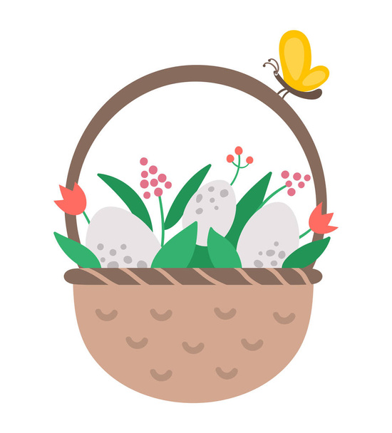 Vektorkorb mit Eiern, Blumen und Schmetterlingsikone. Traditionelles Ostersymbol und Gestaltungselement isoliert auf weißem Hintergrund. Niedliche Frühlingsflach Illustration für Kinder - Vektor, Bild