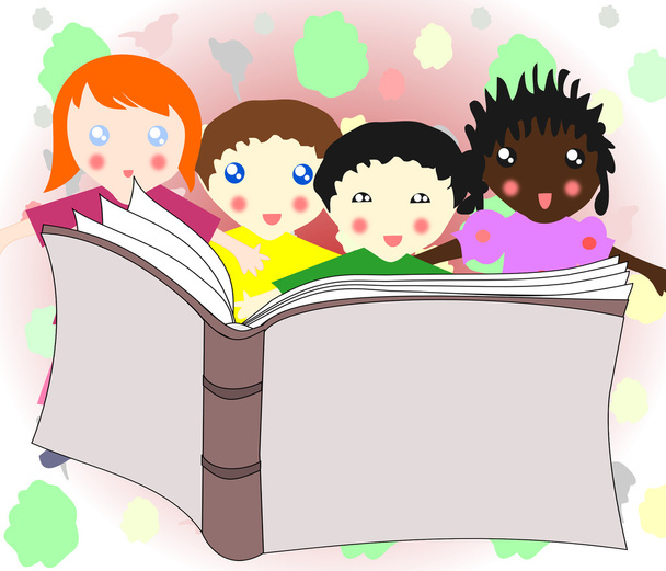 kinderen van verschillende rassen samen met het lezen van een boek  - Foto, afbeelding