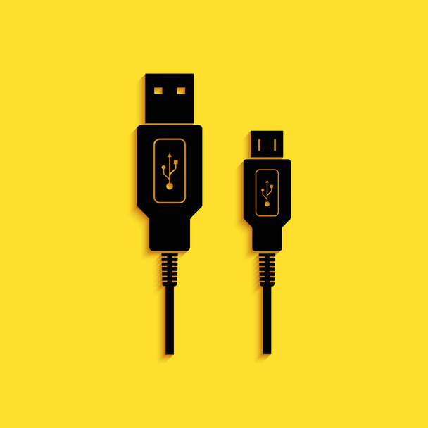 Schwarze USB-Microkabel isoliert auf gelbem Hintergrund. Stecker und Buchsen für PC und mobile Geräte. Smartphone-Akku aufladen. Langer Schatten. Vektor. - Vektor, Bild