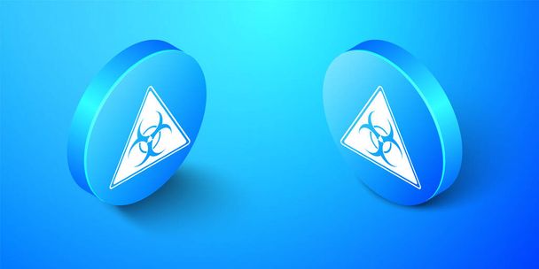 Isometrisches Dreieck mit Biohazard-Symbol auf blauem Hintergrund. Blauer Kreis-Knopf. Vektor. - Vektor, Bild