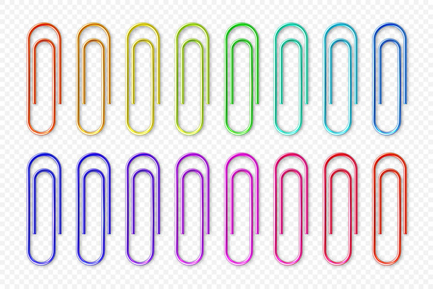 Realistic colorful metal paper clips on checkered background. Page holder, binder. Vector illustration. - Vector, Image