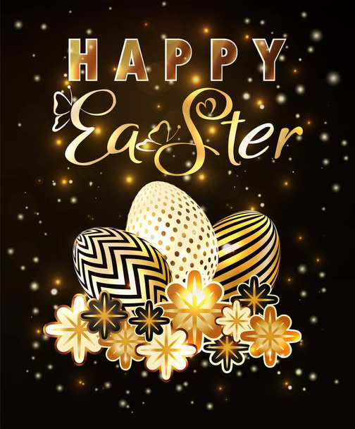 Happy Easter greeting background with golden eggs and flowers, vector illustration - Wektor, obraz