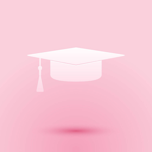 Papiergeschnittenes Graduiertenmützensymbol isoliert auf rosa Hintergrund. Abschluss Hut mit Quaste-Symbol. Papierkunst. Vektor. - Vektor, Bild