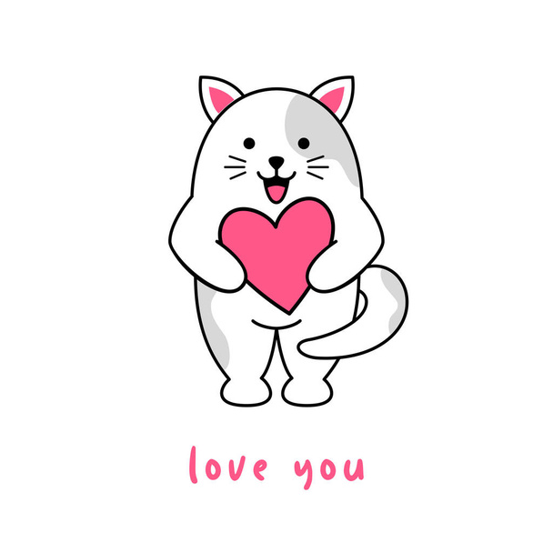 A cute cat holds a heart in its paws. Valentine s day card. Vector. - Vektor, Bild