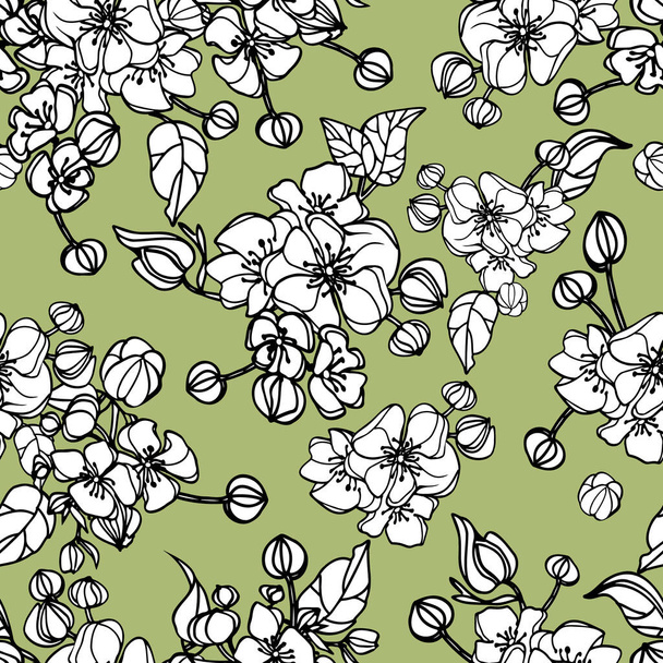 Romantisches Vektormuster mit handgezeichneten Zweigen mit weißen Blüten und Blättern auf grünem Hintergrund. Nahtloses Muster kann für Tapeten, Webseiten-Hintergrund, Oberflächentexturen verwendet werden. - Vektor, Bild