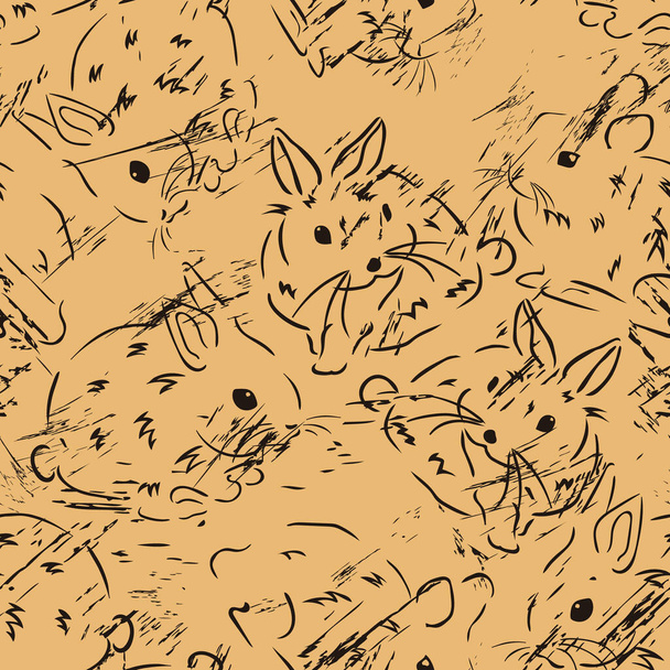 Vector seamless pattern with rabbit in old retro style. Vintage pattern grunge design. Hare texture on craft paper. Retro texture. Cute bunny pet - Vetor, Imagem