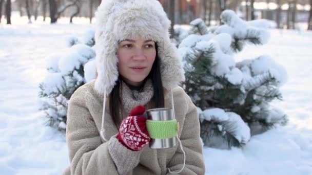 Une jeune femme se tient dans une forêt ou un parc d'hiver et boit du thé chaud - Séquence, vidéo