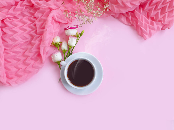 cup of coffee flower rose on a colored background - 写真・画像