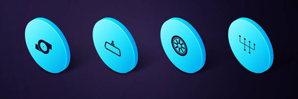 Set Isometric Gear shifter, Car wheel, mirror and Automotive turbocharger icon. Vector - Vector, Image