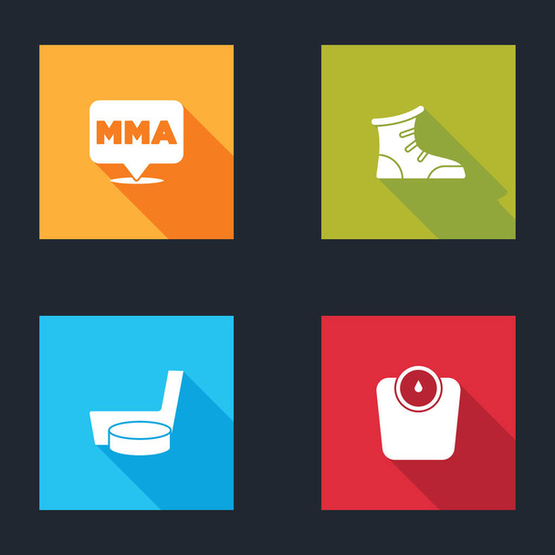 Set Fight Club MMA, Sport boksz cipő, Jégkorong és korong és fürdőszoba mérlegek ikon. Vektor - Vektor, kép