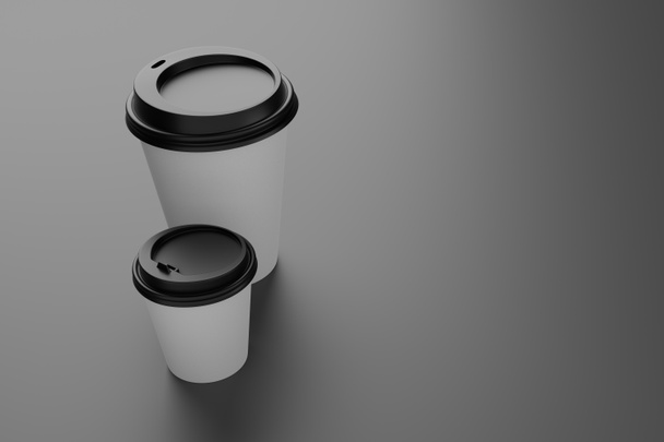 Zwei leere weiße Einweg-Kaffeepapierbecher mit schwarzen Plastikdeckeln auf grauem Hintergrund, 3D-Rendering-Attrappe.  - Foto, Bild