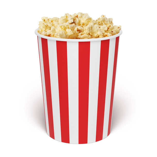 Popcorn in striped take out bucket isolated on white background. - Fotografie, Obrázek