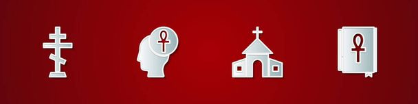Christliches Kreuz, Kreuz ankh, Kirchengebäude und Buch-Ikone. Vektor - Vektor, Bild
