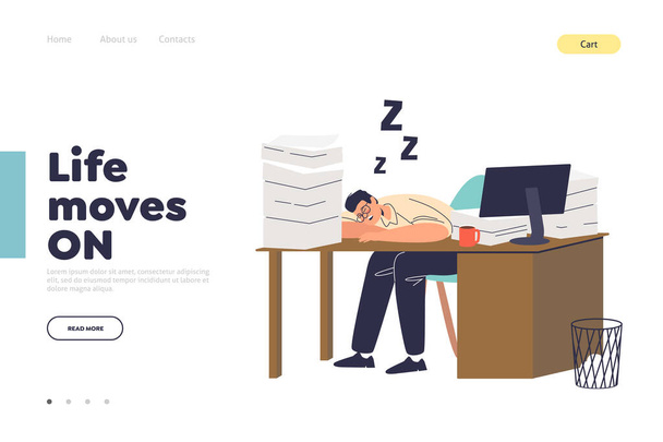 Η έννοια της ζωής και της εργασίας της σελίδας προορισμού με κουρασμένος εργαζόμενος κοιμάται στο γραφείο - Διάνυσμα, εικόνα