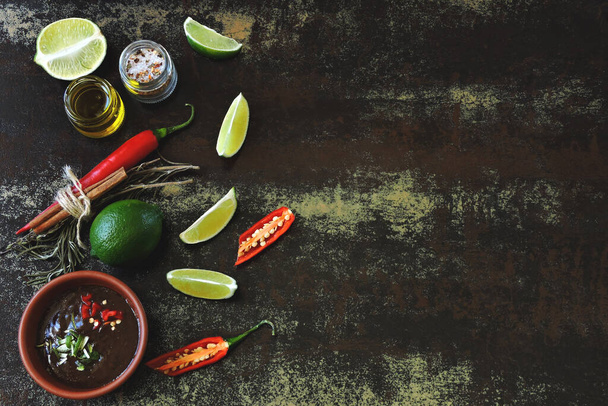 Spicy chili lime sauce and ingredients. Copy space. - Φωτογραφία, εικόνα
