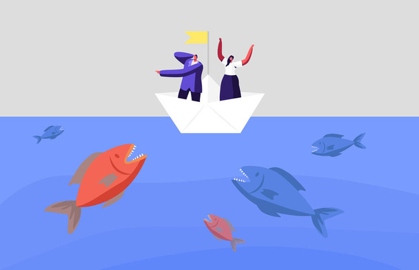 Frightened Business Characters Escape Attack of Huge Fish in Sea. Business People on Paper Boat Avoid Hidden Danger - Vector, Image