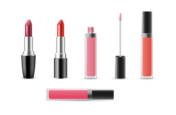 Σύνολο lip gloss και lipstick templates ανοιχτό και κλειστό απομονωμένο σε λευκό φόντο - Διάνυσμα, εικόνα