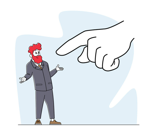 Hämmentynyttä liikemiestä syytetään valtavasta kädestä, joka osoittaa häntä indeksisormella. Liikemies merkki työtaakkaa - Vektori, kuva