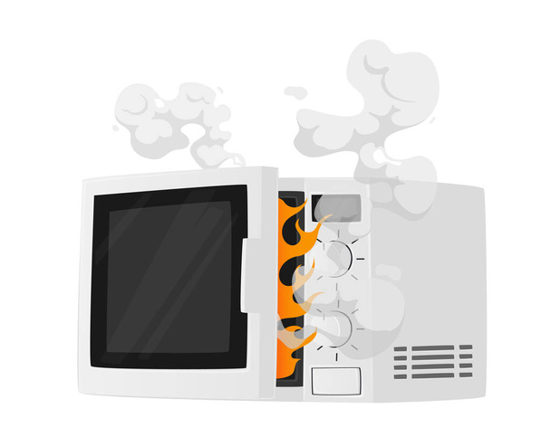 Kaputte Mikrowelle mit Dampf und Feuer isoliert auf weißem Hintergrund. Beschädigte Küchengeräte, Elektrotechnik - Vektor, Bild