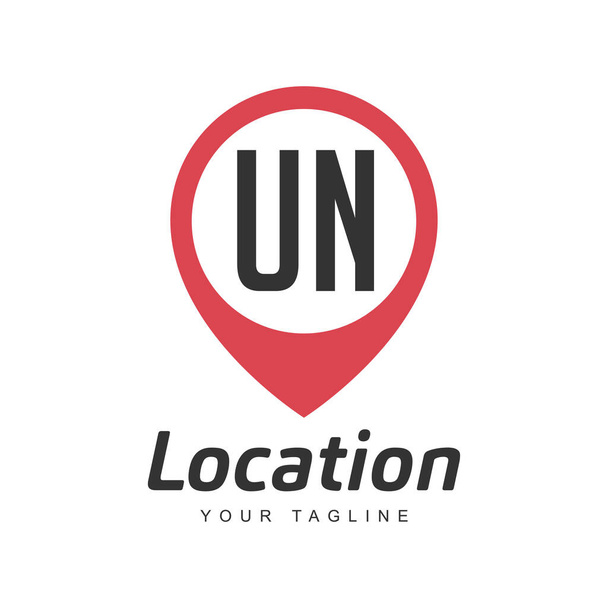 UN Letter Logo Design com ícone de pino de localização, localização ou conceito de logotipo de viagem - Vetor, Imagem