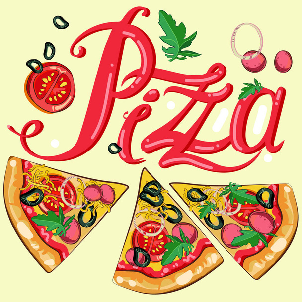 elementos de pizza vector y letras dibujadas a mano - Vector, Imagen