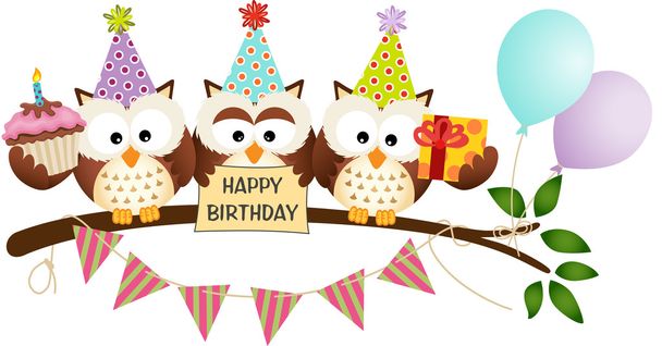お誕生日おめでとうかわいいの 3 羽のフクロウ - ベクター画像