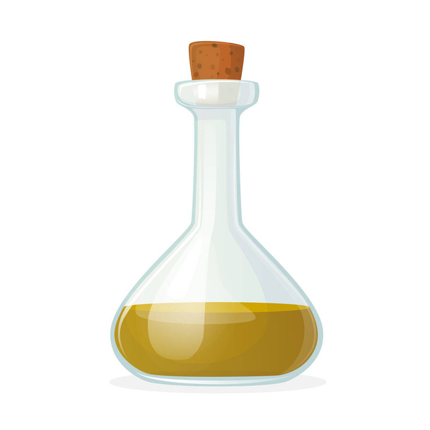 Icono de la botella de aceite de oliva aislado sobre fondo blanco. Botella de vidrio con cuello estrecho largo y tapón de madera de corcho, aceite marrón - Vector, imagen