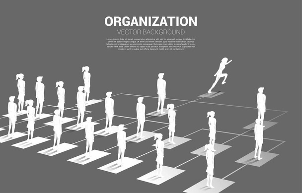 Silhouette of businessman and businesswoman standing on organization chart . Business Concept of corporate structure and team hierarchy - Vector, Image