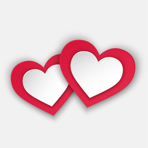 two red white hearts with shadow. valentines day, wedding and love symbol - Vector, afbeelding