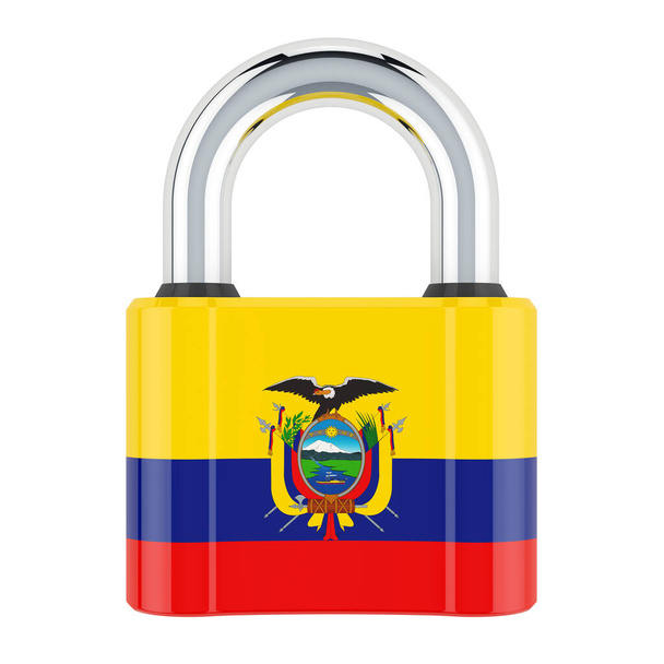 Visací zámek s ekvádorskou vlajkou, 3D vykreslování izolované na bílém pozadí - Fotografie, Obrázek