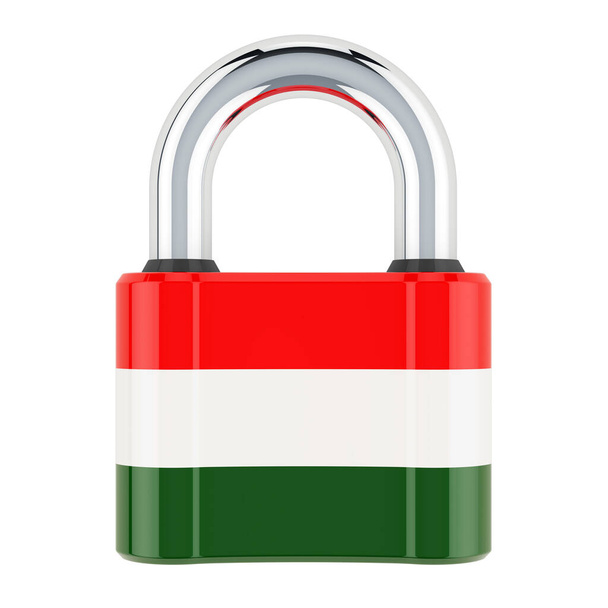 Vorhängeschloss mit ungarischer Flagge, 3D-Darstellung isoliert auf weißem Hintergrund - Foto, Bild